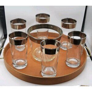 Dorothy Thorpe Bar Set Silvered Glass Ice Bucket 6 Highball Glasses and Tray
